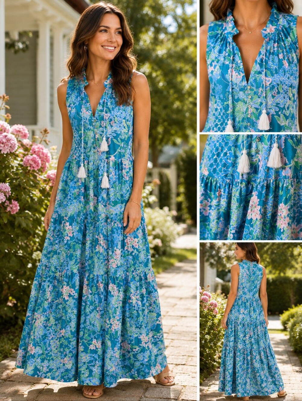 Lilly Pulitzer Teal Floral Tiered Maxi Dress Sleeveless Tassel V-Neck Large